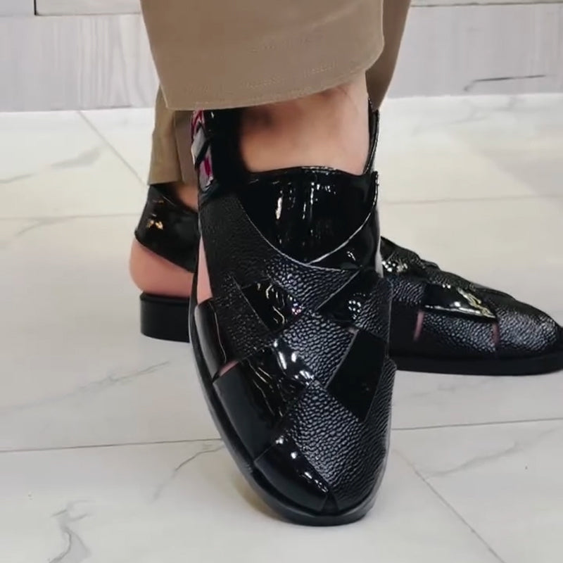 D0320 Men's shiny leather hollow sandals
