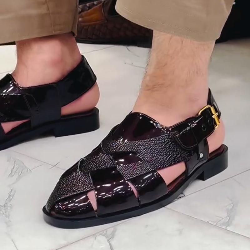 D0320 Men's shiny leather hollow sandals