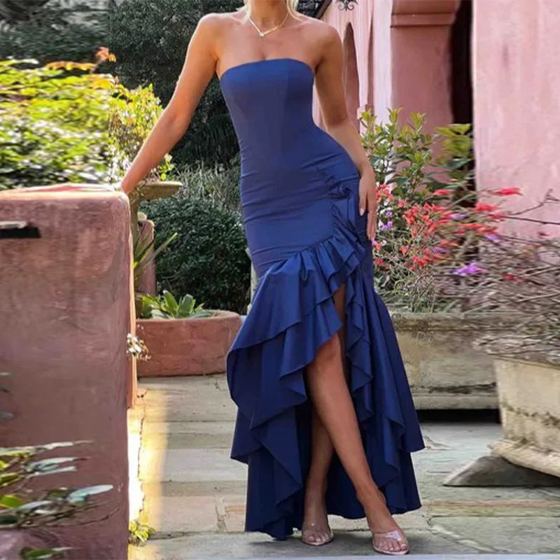 Elegant Strapless Slit Fashion Slim Fit Dress