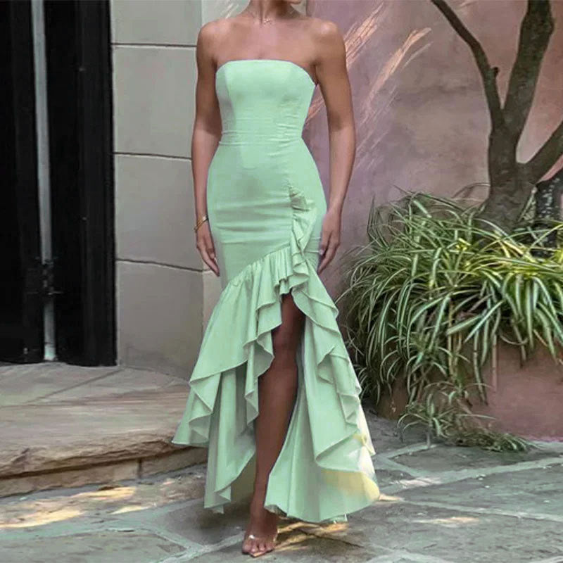 Elegant Strapless Slit Fashion Slim Fit Dress