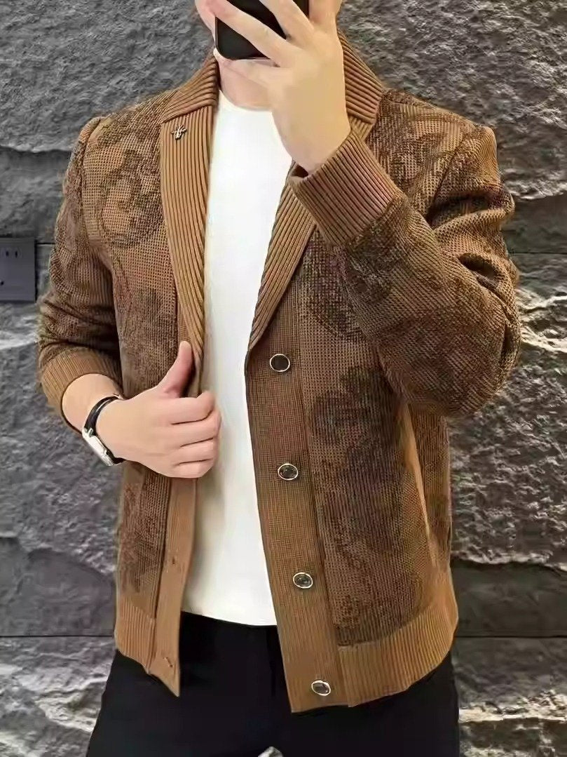 Men's elastic trendy pattern knitted cardigan