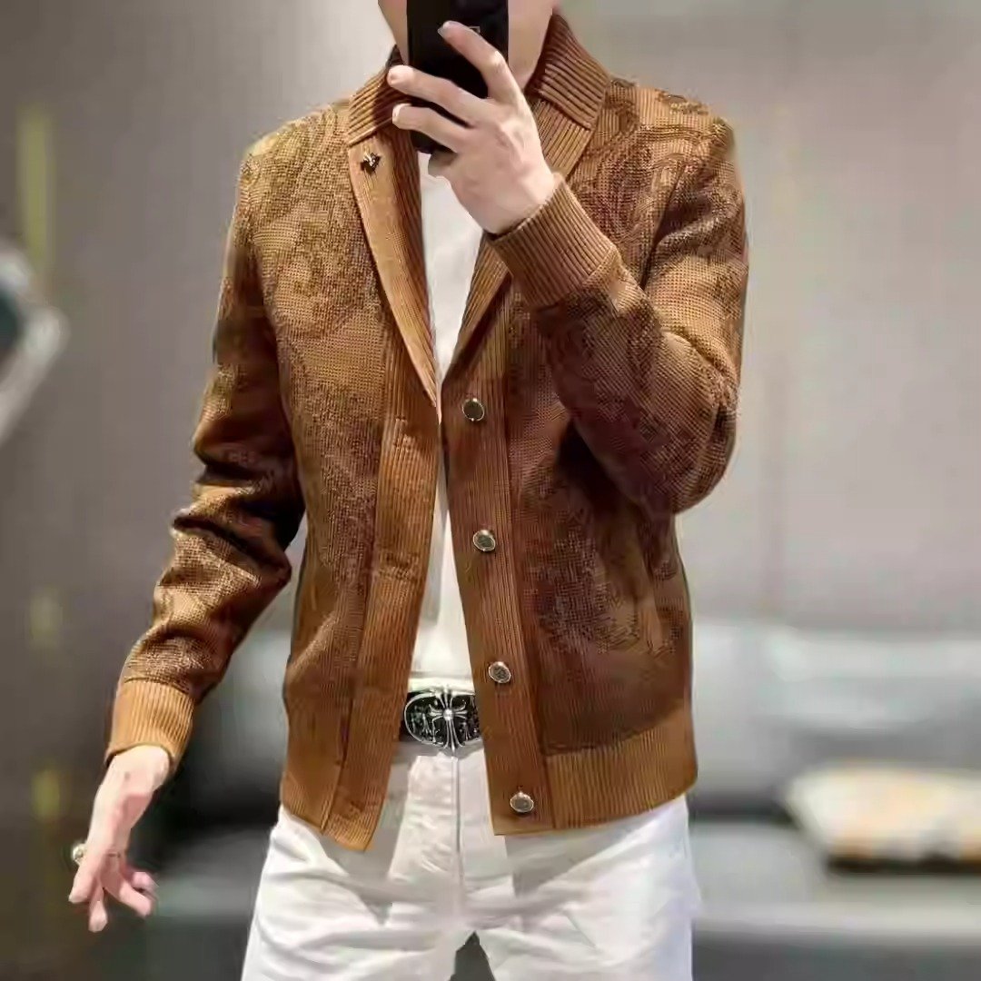 Men's elastic trendy pattern knitted cardigan
