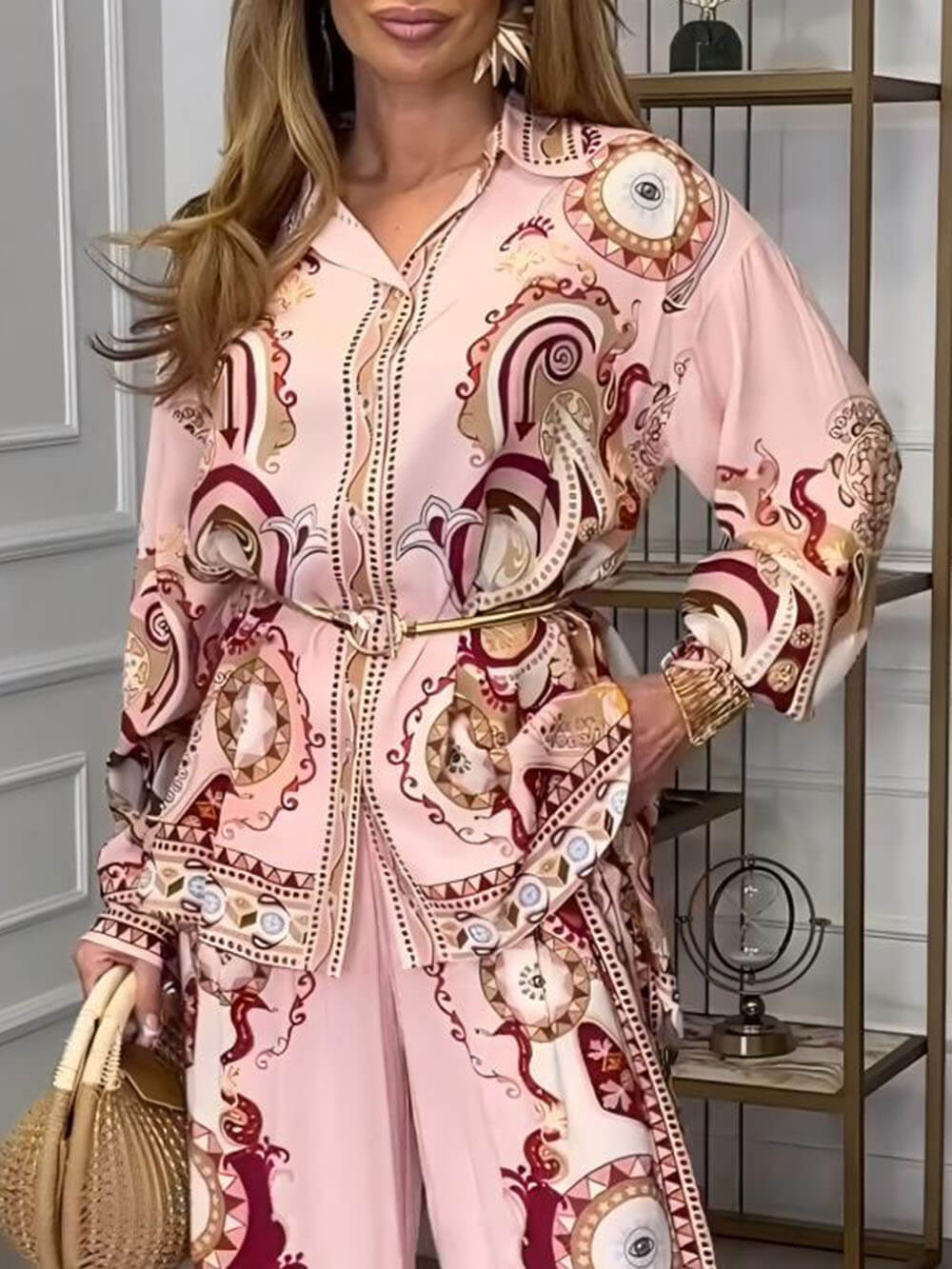 Pink Two-Piece Shirt Pants Suit