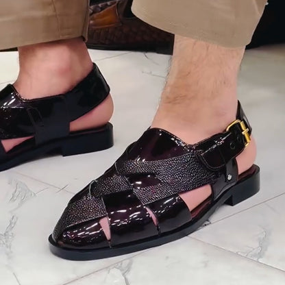 D0320 Men's shiny leather hollow sandals