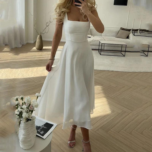 Summer new square neck sling temperament waist dress