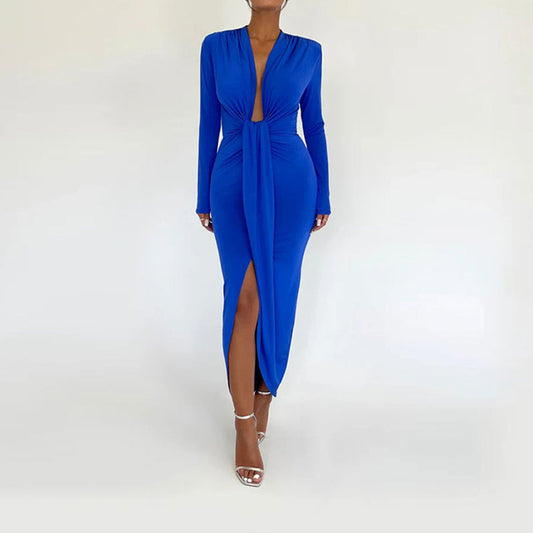 Solid color tie waist long sleeve hip-wrapped slit dress