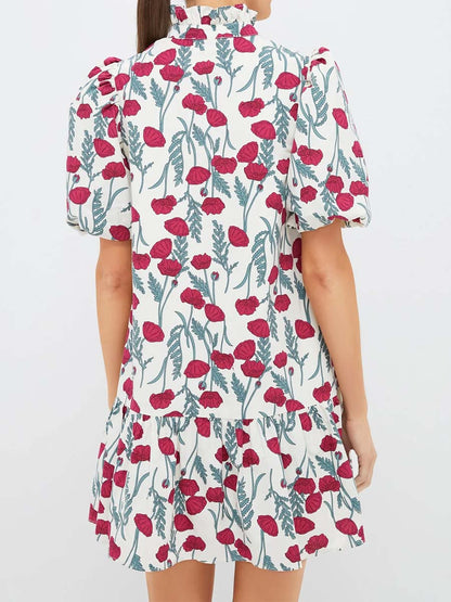 Floral Print Stand Ruffle Collar Mini Dress