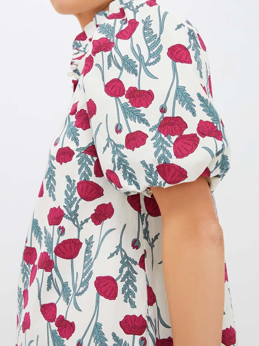 Floral Print Stand Ruffle Collar Mini Dress
