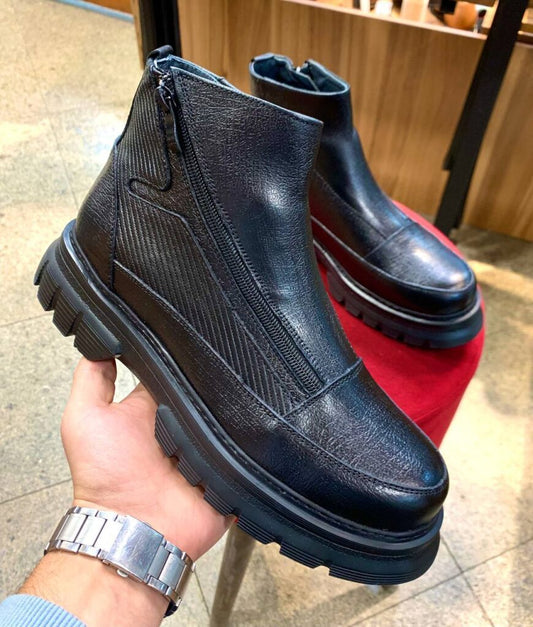 Men's trendy unique soft leather zipper thick-soled ankle boots