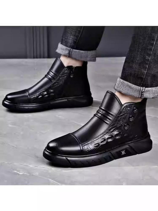 Men's genuine leather crocodile pattern plush ankle boots