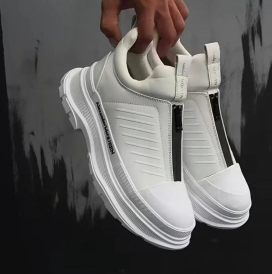 Men's white zip-up height-increasing sneakers