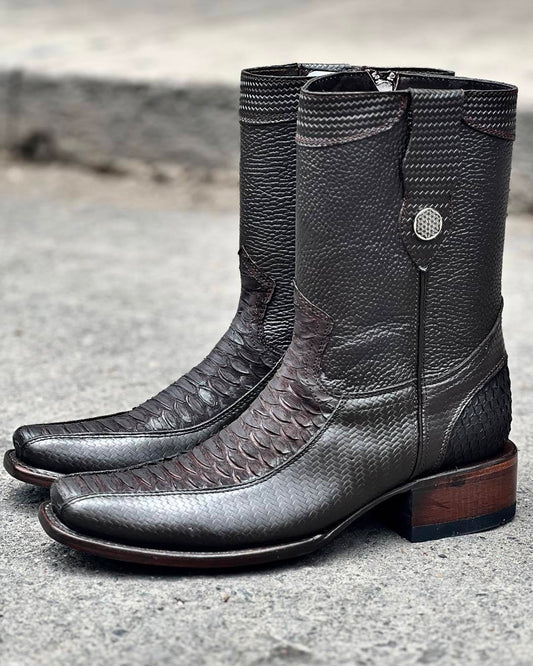 Men's genuine leather patterned mid-length boots