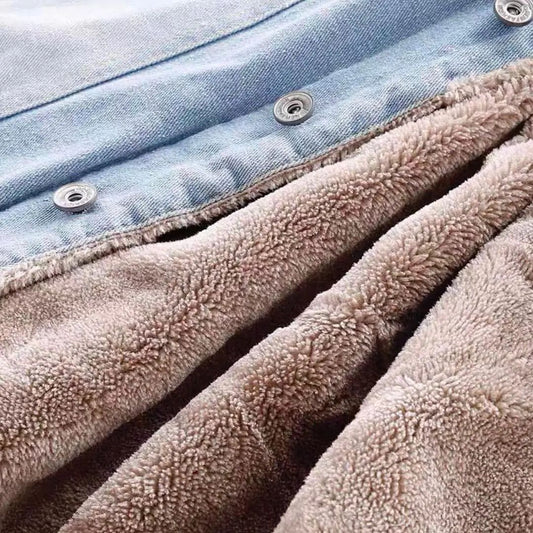 Autumn And Winter Fleece-lined Thickened Lapel Washed Denim Jacket