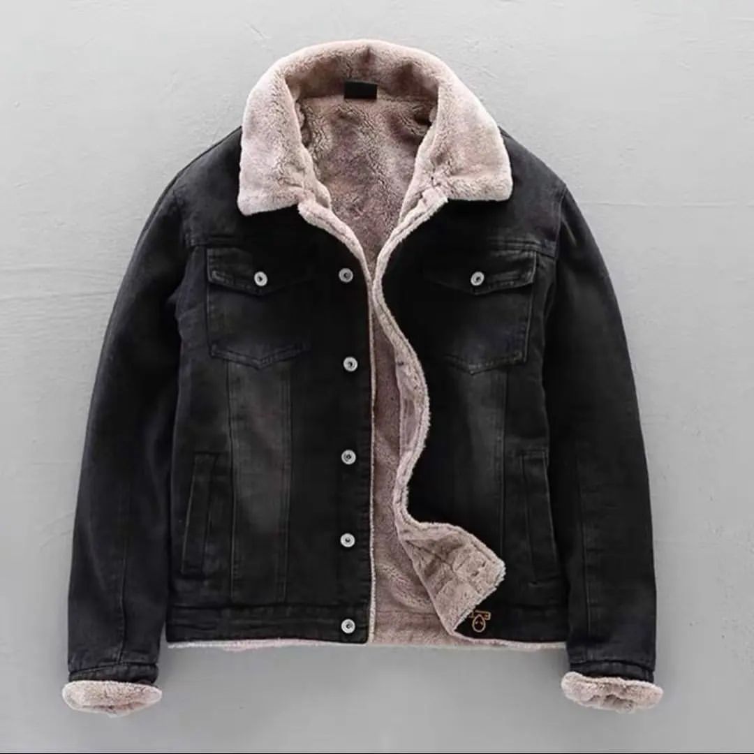 Autumn And Winter Fleece-lined Thickened Lapel Washed Denim Jacket