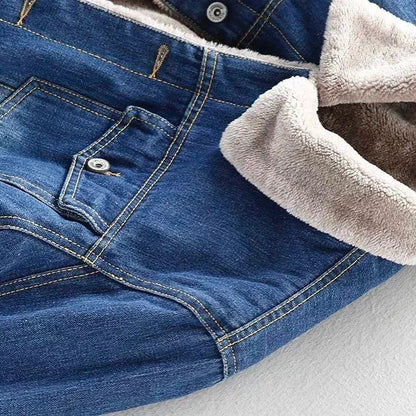 Autumn And Winter Fleece-lined Thickened Lapel Washed Denim Jacket