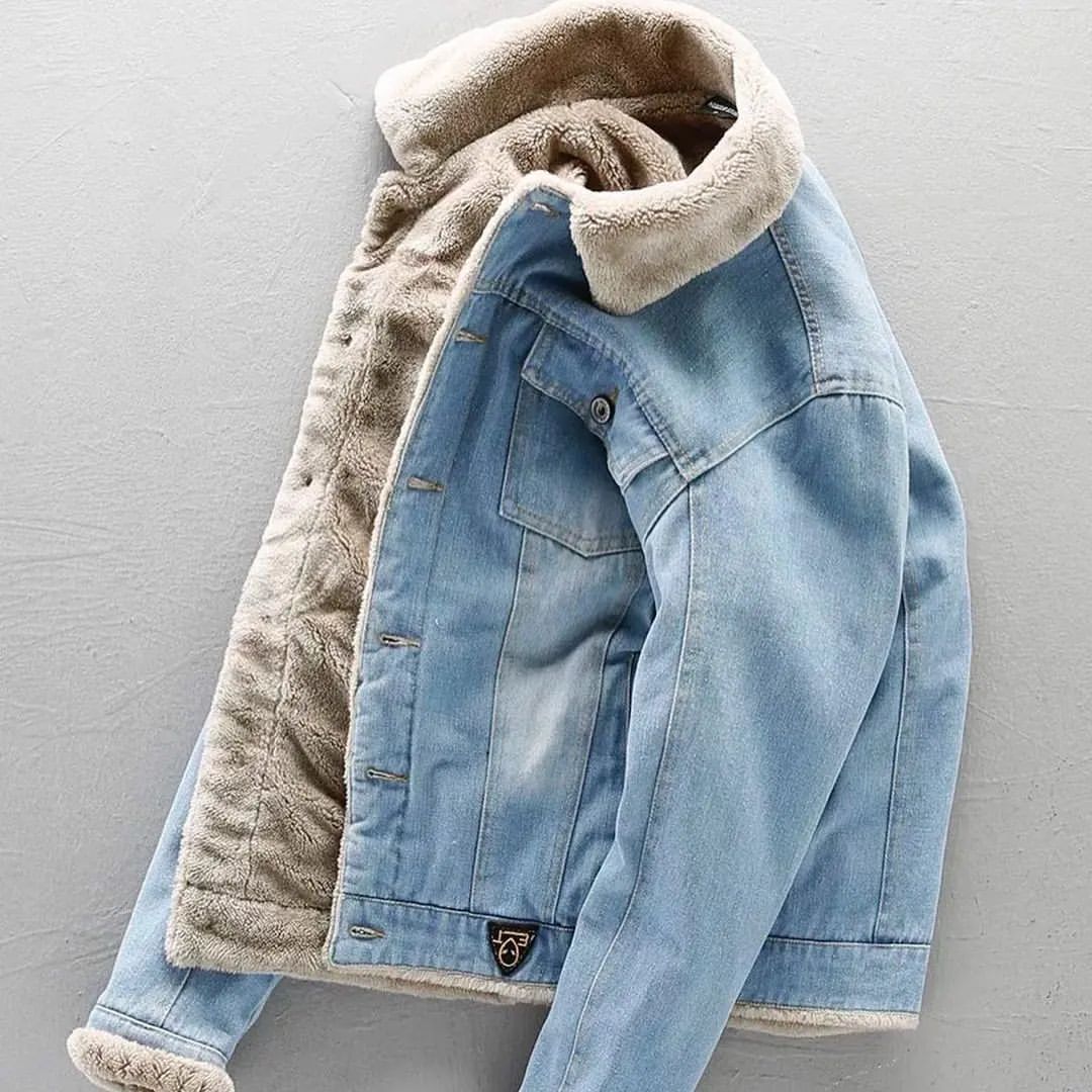 Autumn And Winter Fleece-lined Thickened Lapel Washed Denim Jacket