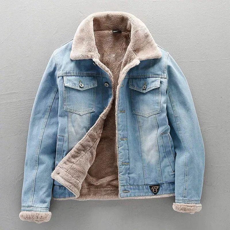 Autumn And Winter Fleece-lined Thickened Lapel Washed Denim Jacket