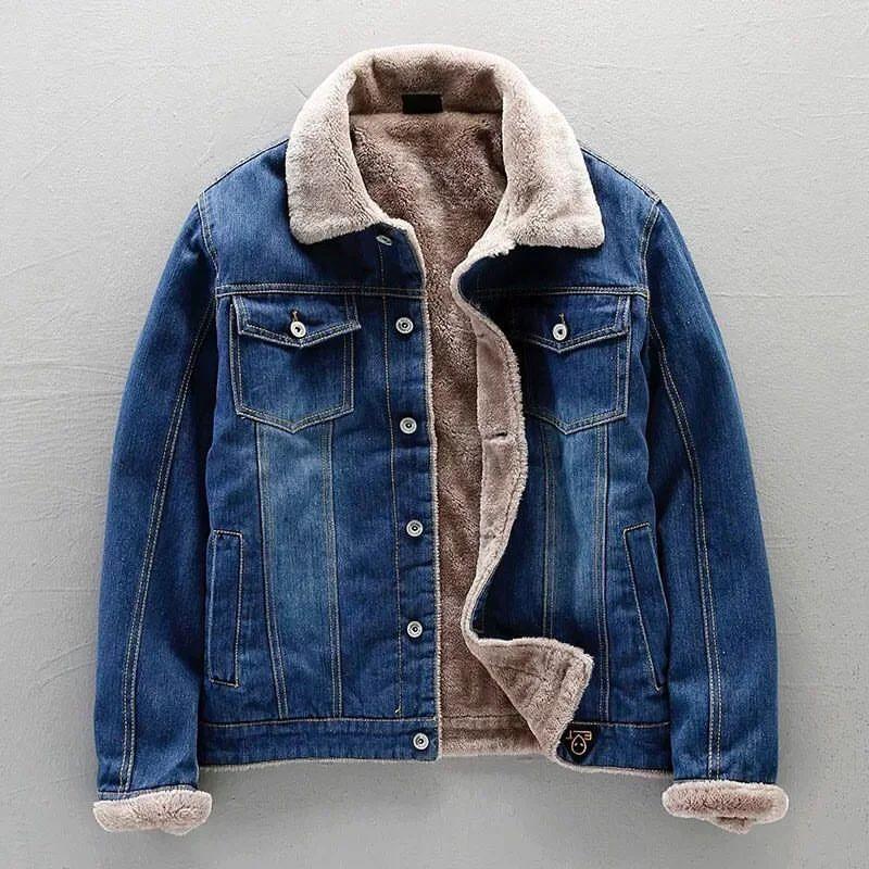 Autumn And Winter Fleece-lined Thickened Lapel Washed Denim Jacket