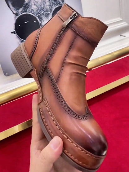 Men's genuine leather hollow embroidery plus velvet zippered ankle boots