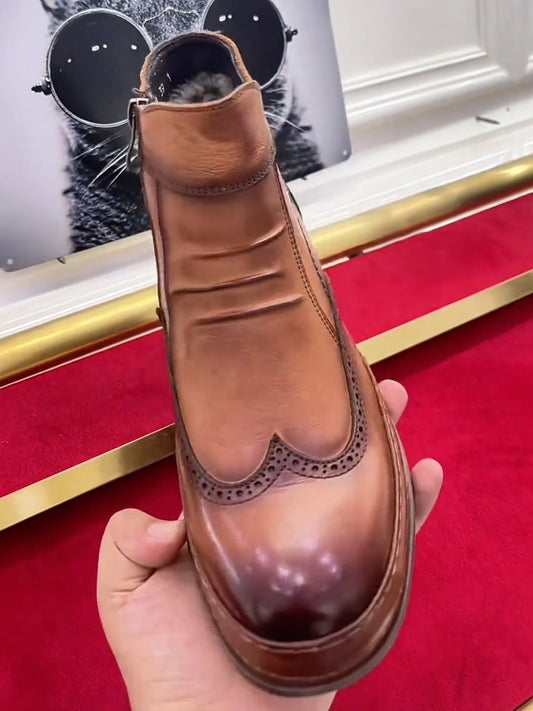 Men's genuine leather hollow embroidery plus velvet zippered ankle boots