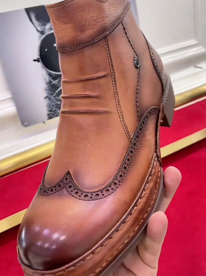 Men's genuine leather hollow embroidery plus velvet zippered ankle boots